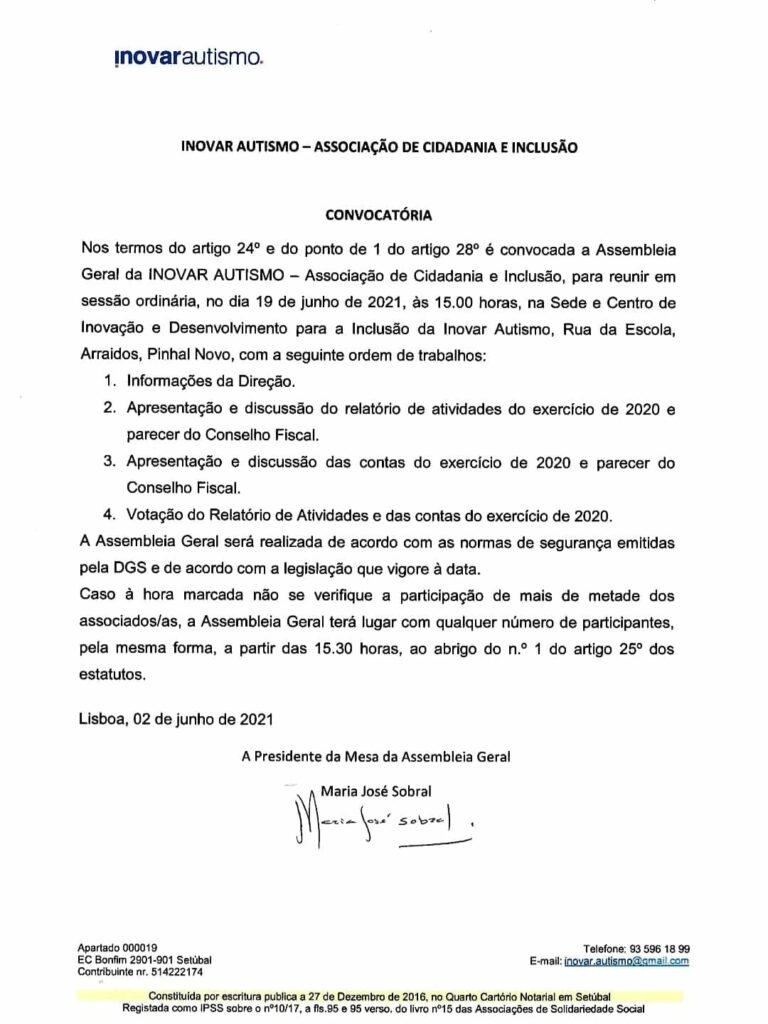 CONVOCATÓRIA DA ASSEMBLEIA GERAL DA INOVAR AUTISMO - ASSOCIAÇÃO DE CIDADANIA E INCLUSÃO